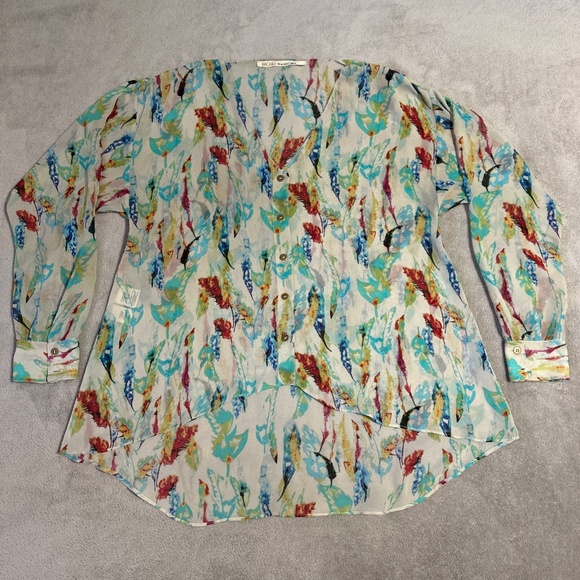 Sheer Oversized Feather Print Rachel Roy Blouse Medium Hi-Low hem Button-up Boho - Picture 1 of 9